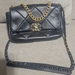 Black Quilted Luxury Logo Bag with Gold and Pewter Strap CC Designer